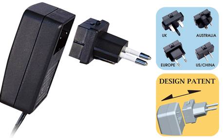 WALL-MOUNTED E-SERIES Universal Switching Adaptors with Interchangeable AC Plugs (up to 24W)